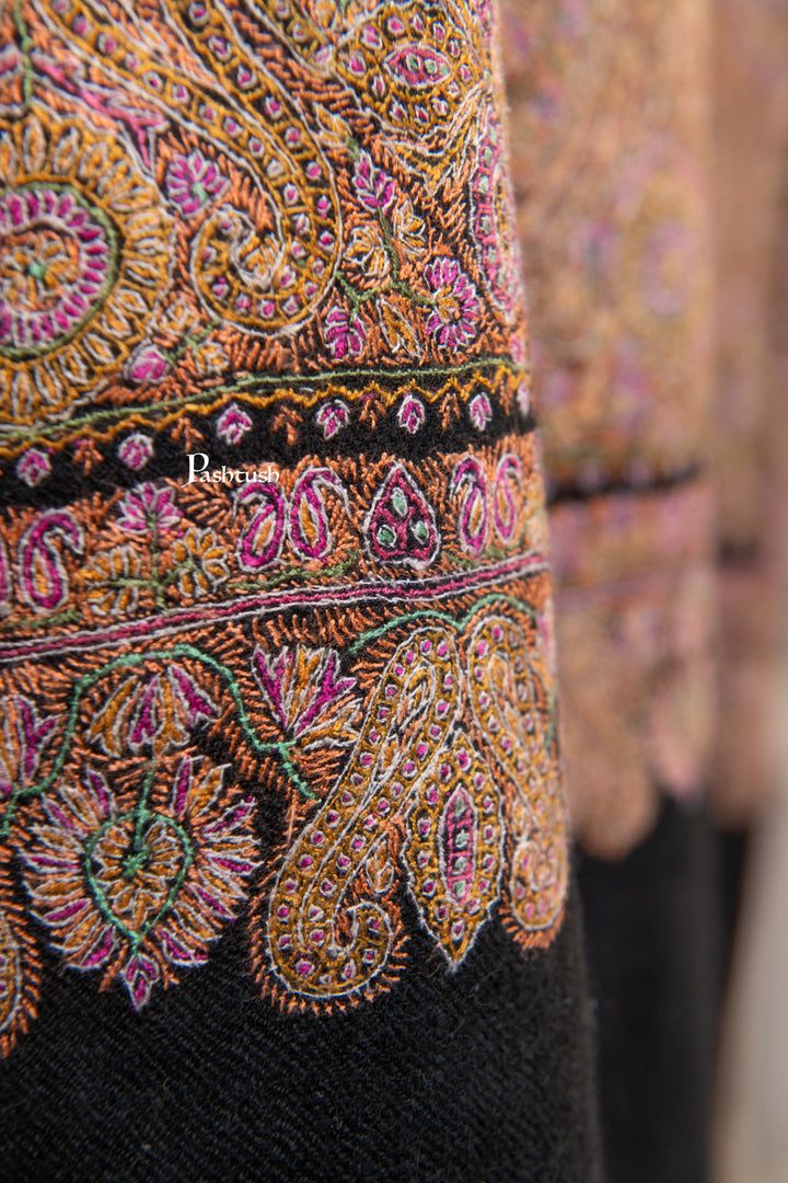 Pashtush India Womens Shawls Pashtush Womens Pure Pashmina Shawl, Private Collection, Resham Sozni Hand Embroidery, Handwoven, Zameenkaar