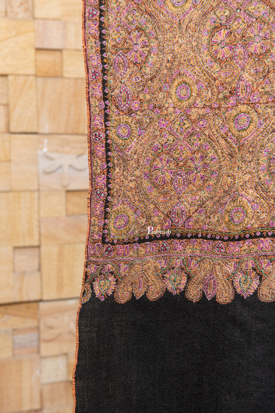 Pashtush India Womens Shawls Pashtush Womens Pure Pashmina Shawl, Private Collection, Resham Sozni Hand Embroidery, Handwoven, Zameenkaar