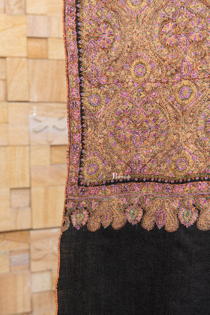 Pashtush India Womens Shawls Pashtush Womens Pure Pashmina Shawl, Private Collection, Resham Sozni Hand Embroidery, Handwoven, Zameenkaar