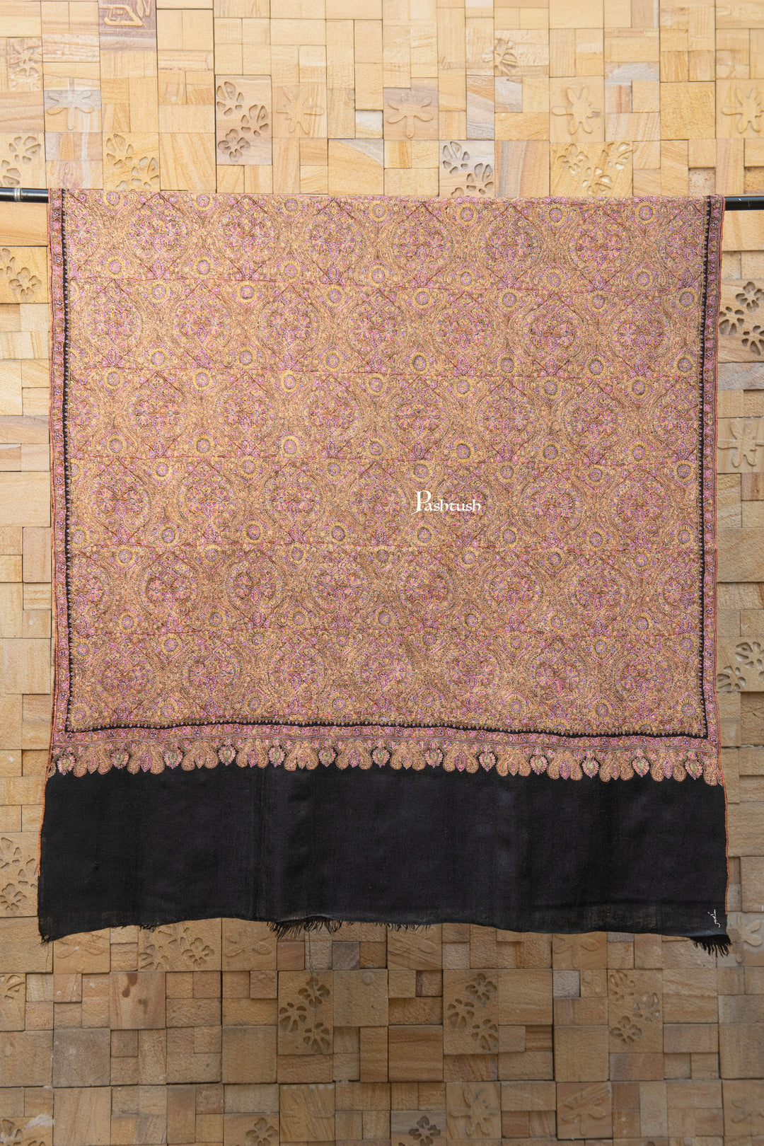 Pashtush India Womens Shawls Pashtush Womens Pure Pashmina Shawl, Private Collection, Resham Sozni Hand Embroidery, Handwoven, Zameenkaar