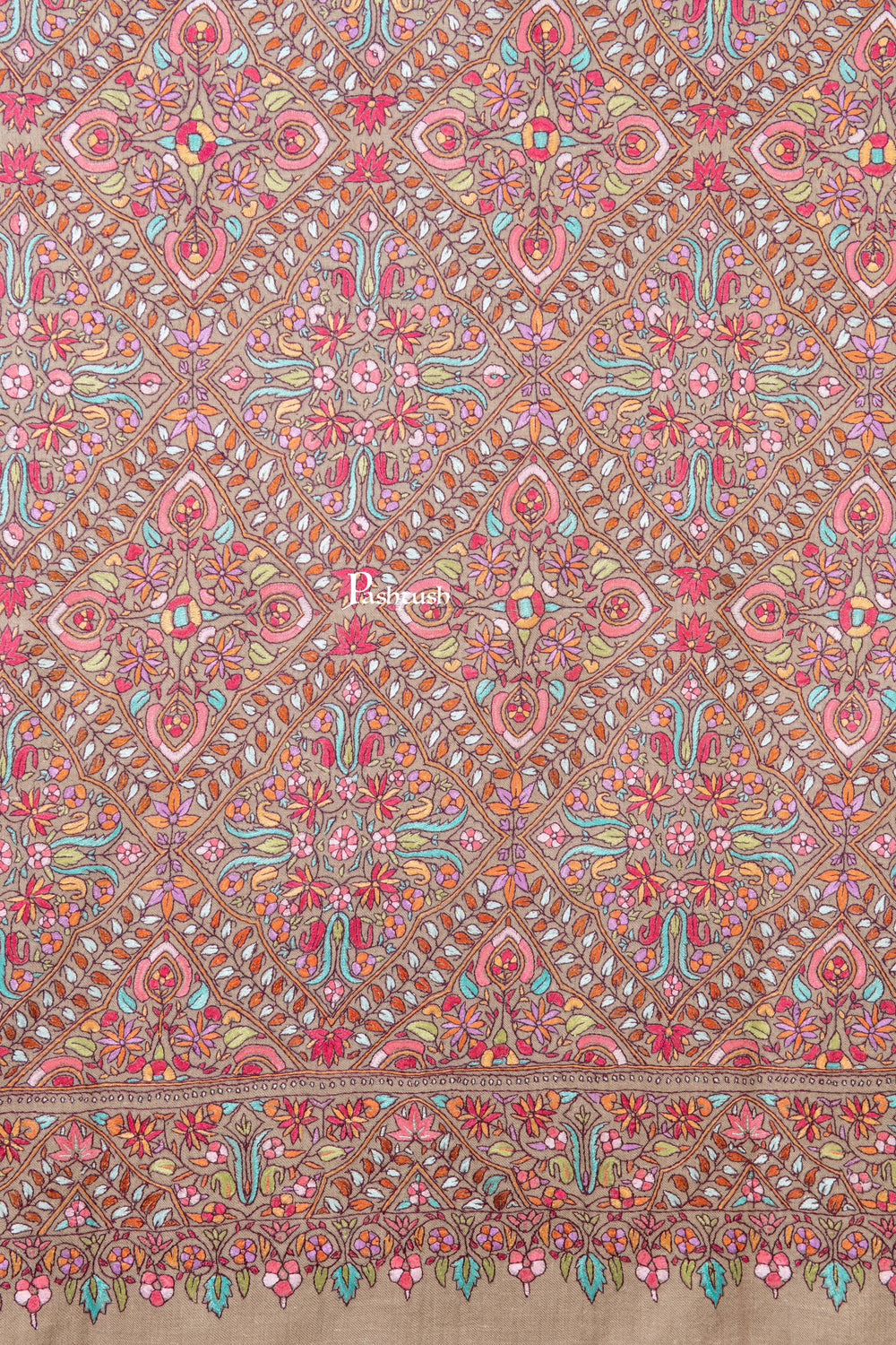 Pashtush India Womens Shawls Pashtush Womens Pure Pashmina Shawl, Sozni Hand Embroidery, Hand Woven Design, Multicolour With Natural Woven Base