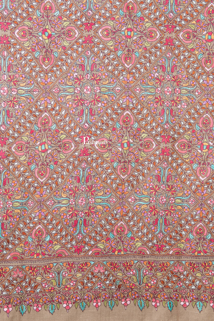 Pashtush India Womens Shawls Pashtush Womens Pure Pashmina Shawl, Sozni Hand Embroidery, Hand Woven Design, Multicolour With Natural Woven Base