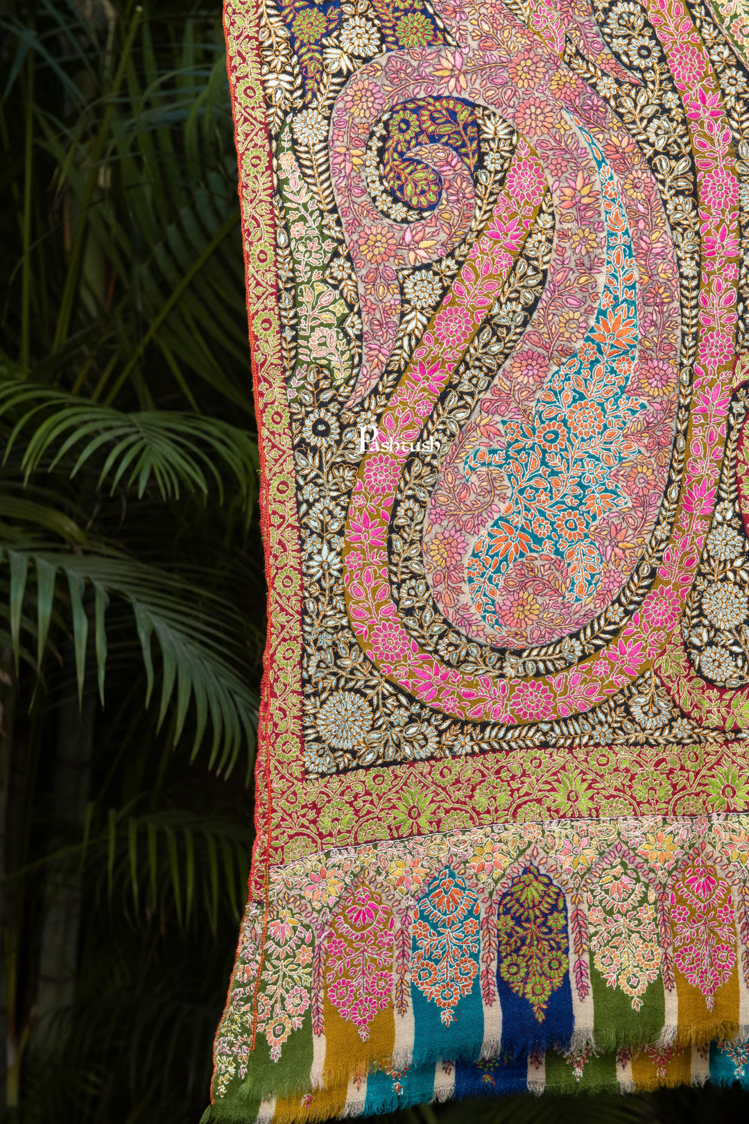 Pashtush India Womens Shawls Pashtush Womens Pure Pashmina Shawl, Sozni Hand Embroidery, Hand Woven, Kalamkari Design, Multicolour