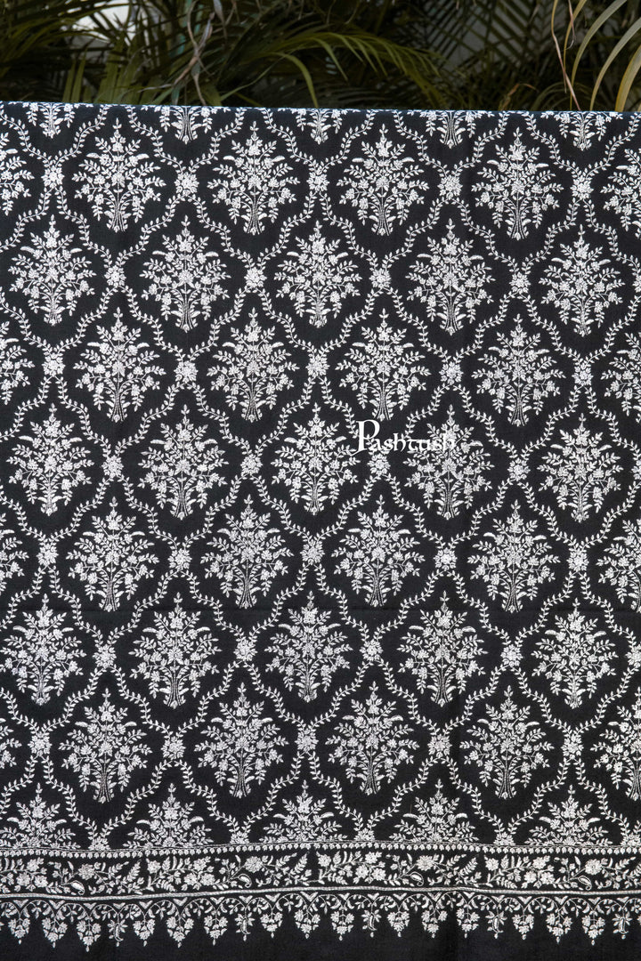 Pashtush India Womens Shawls Pashtush Womens Pure Pashmina Shawl, Sozni Hand Embroidery, Hand Woven, Tonal Design, Black