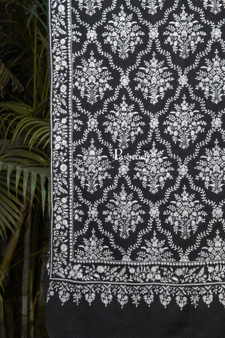Pashtush India Womens Shawls Pashtush Womens Pure Pashmina Shawl, Sozni Hand Embroidery, Hand Woven, Tonal Design, Black