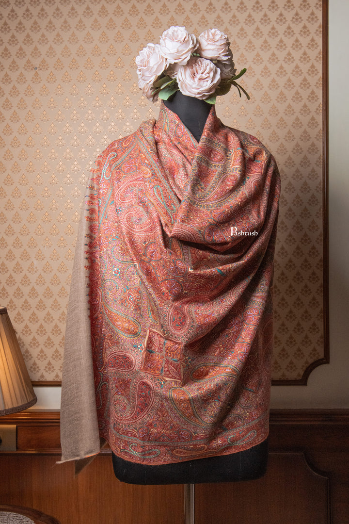 Pashtush India Womens Shawls Pashtush Womens Pure Pashmina Shawl, Sozni Hand Embroidery, Hand Woven, Tonal Design, Multicoloured with Natural Woven Base