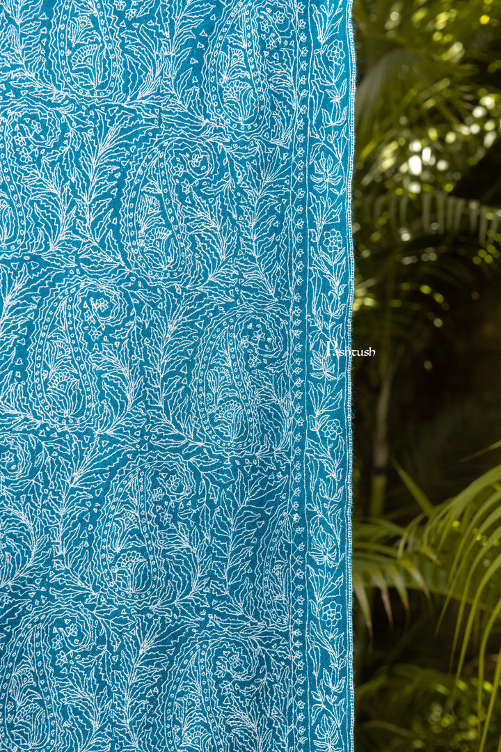 Pashtush India Womens Shawls Pashtush Womens Pure Pashmina shawl, tonal hand embroidery, handwoven, Aqua Blue