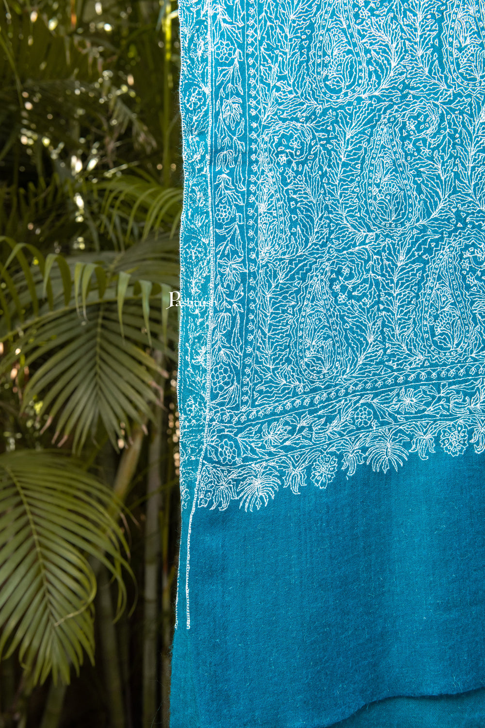 Pashtush India Womens Shawls Pashtush Womens Pure Pashmina shawl, tonal hand embroidery, handwoven, Aqua Blue