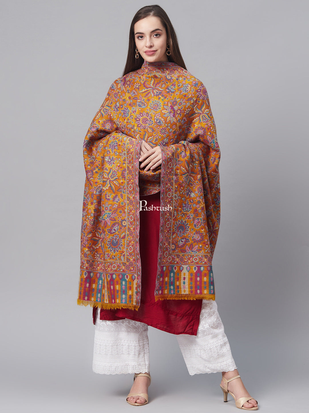 Pashtush India Womens Shawls Pashtush Womens Pure Wool Ethnic Shawl, Reversible Weave, With Woolmark Certification, Mustard And Blue