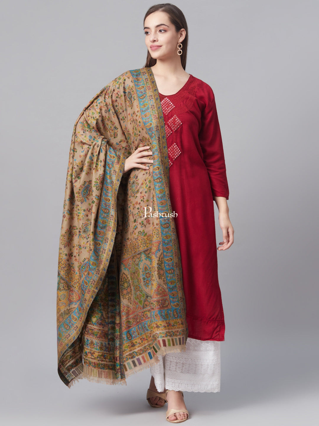 Pashtush India Womens Shawls Pashtush Womens Pure Wool Ethnic Weave Shawl, With Woolmark Certificate, Natural Beige