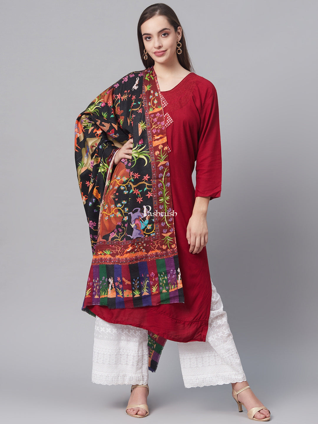 Pashtush India Womens Shawls Pashtush Womens Pure Wool Printed Shikaar-Dar Shawl, With Woolmark Certificate