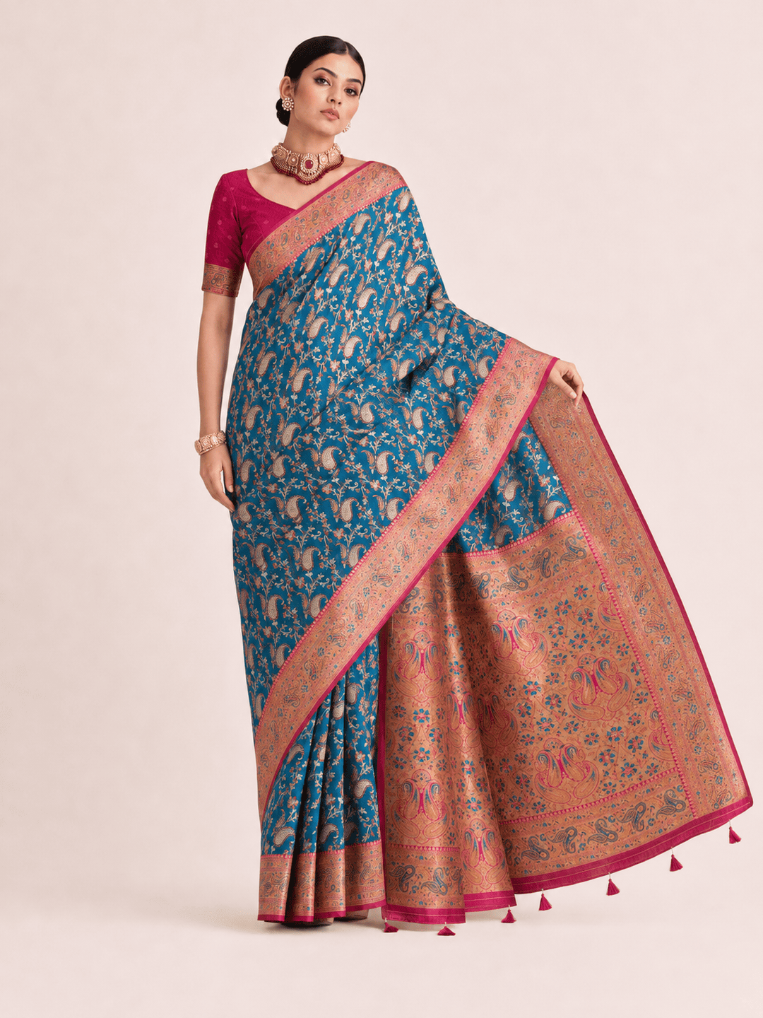 Pashtush Shawl Store Gift Pack Pashtush Womens Saree Gift Pack, Woven Art-Silk, Zari Weave Design, Royal Blue and Fuscia
