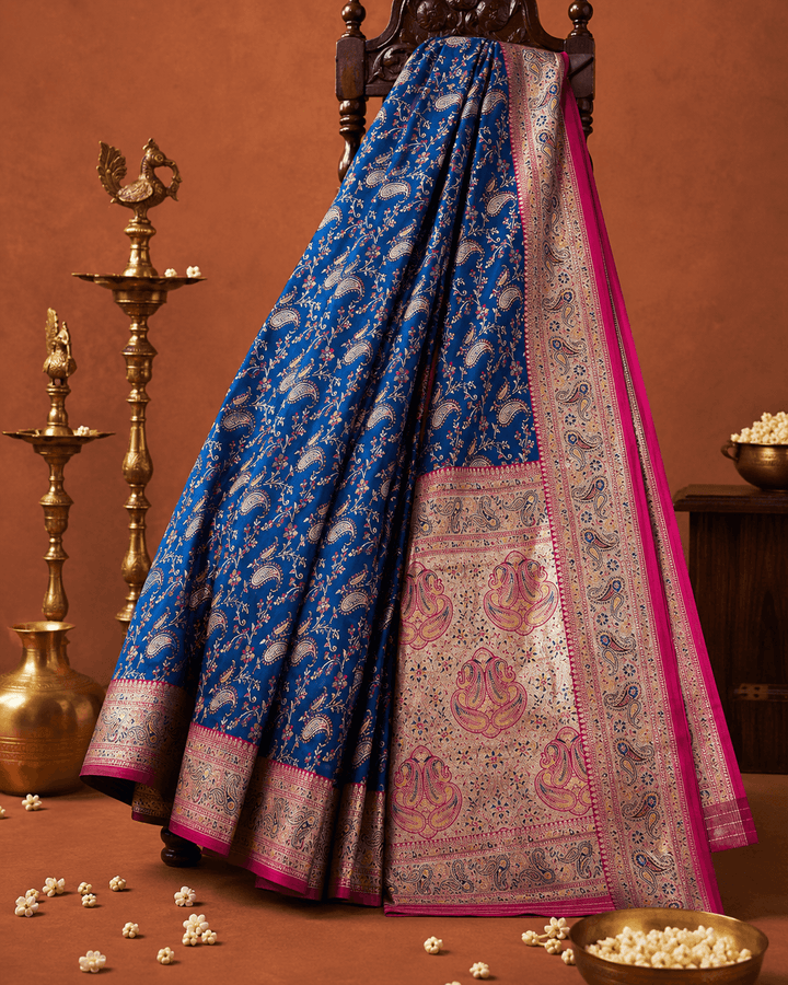 Pashtush Shawl Store Womens Suits Unstitched Material Pashtush Womens Saree, Woven Art-Silk, Zari Weave Design, Royal Blue and Fuscia