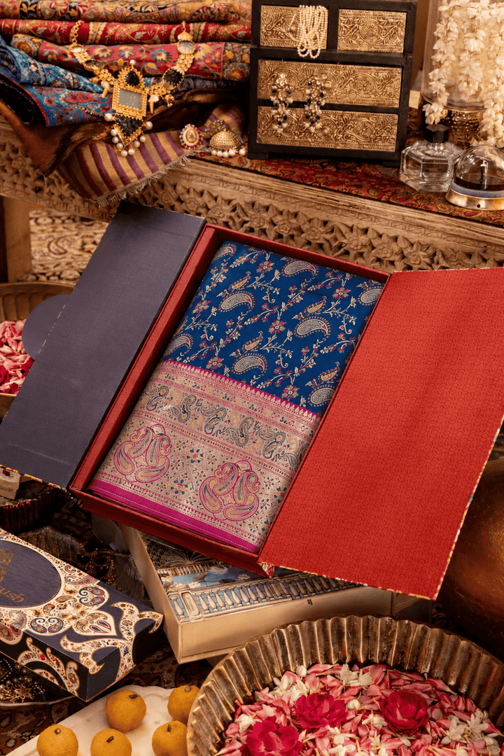 Pashtush Shawl Store Womens Suits Unstitched Material Pashtush Womens Saree, Woven Art-Silk, Zari Weave Design, Royal Blue and Fuscia