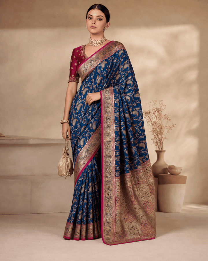 Pashtush Shawl Store Womens Suits Unstitched Material Pashtush Womens Saree, Woven Art-Silk, Zari Weave Design, Royal Blue and Fuscia