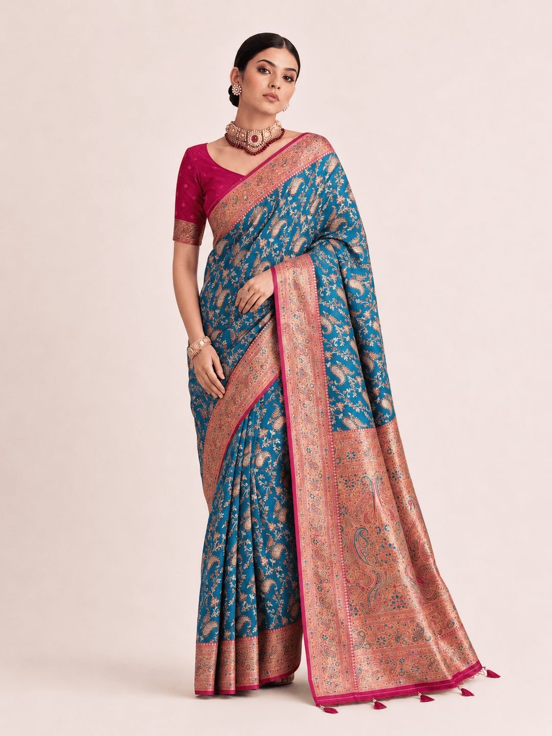 Pashtush Shawl Store Womens Sarees Pashtush Womens Saree, Woven Art-Silk, Zari Weave Design, Turquoise Blue and Fuscia