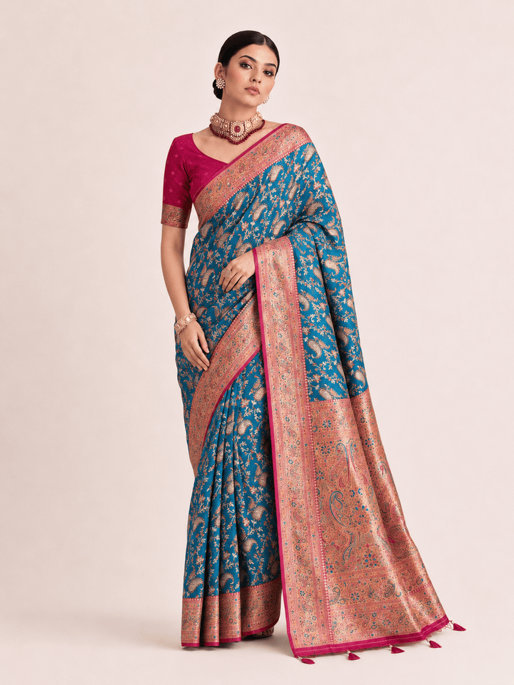 Pashtush Shawl Store Womens Sarees Pashtush Womens Saree, Woven Art-Silk, Zari Weave Design, Turquoise Blue and Fuscia