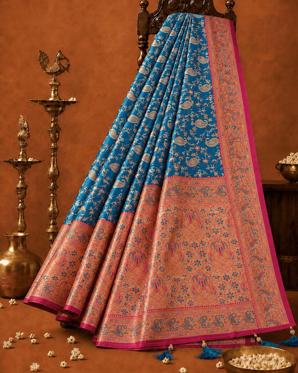 Pashtush Shawl Store Womens Sarees Pashtush Womens Saree, Woven Art-Silk, Zari Weave Design, Turquoise Blue and Fuscia