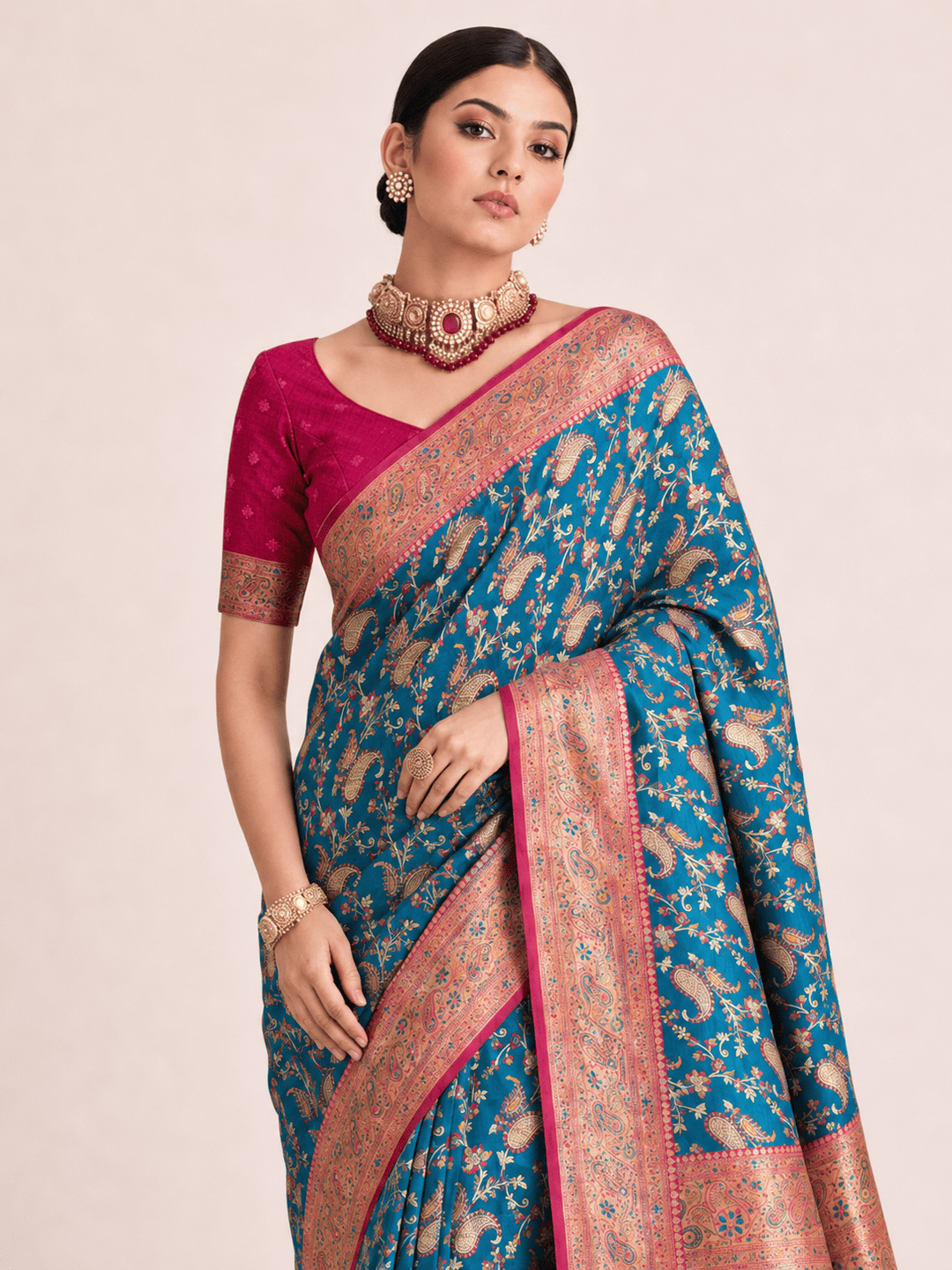 Pashtush Shawl Store Womens Sarees Pashtush Womens Saree, Woven Art-Silk, Zari Weave Design, Turquoise Blue and Fuscia