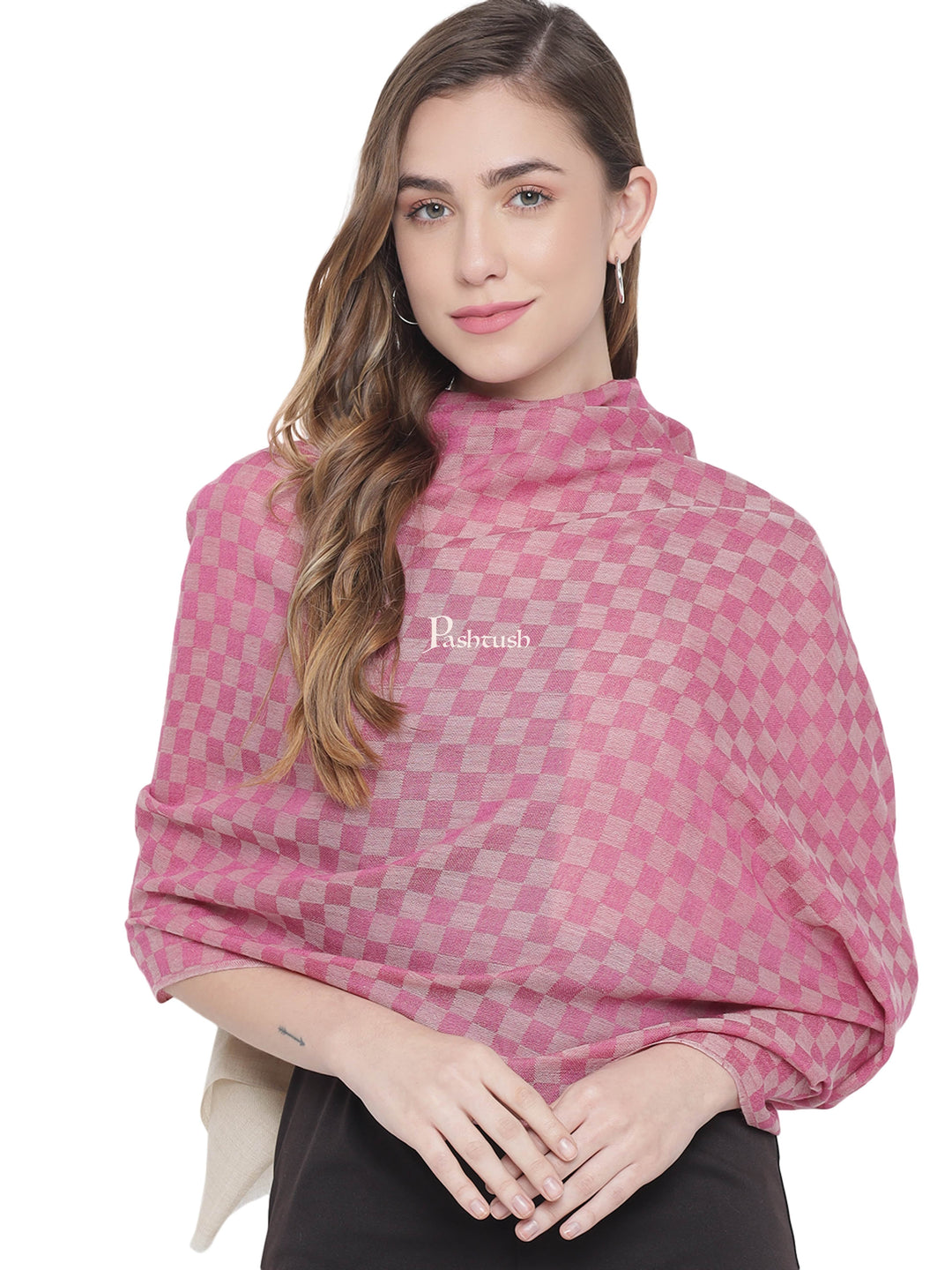 Pashtush India Womens Stoles and Scarves Scarf Pashtush Womens Self Stole, Fine Wool, Checkered Weave, Soft and Warm, Pink