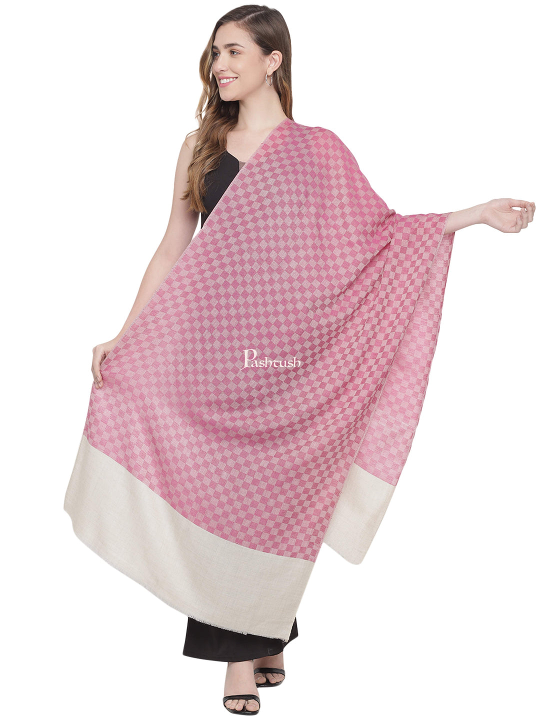 Pashtush India Womens Stoles and Scarves Scarf Pashtush Womens Self Stole, Fine Wool, Checkered Weave, Soft and Warm, Pink