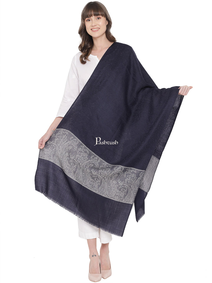 Pashtush India Womens Stoles and Scarves Scarf Pashtush Womens Self Stole, Fine Wool, Paisley Palla Weave, Navy Blue