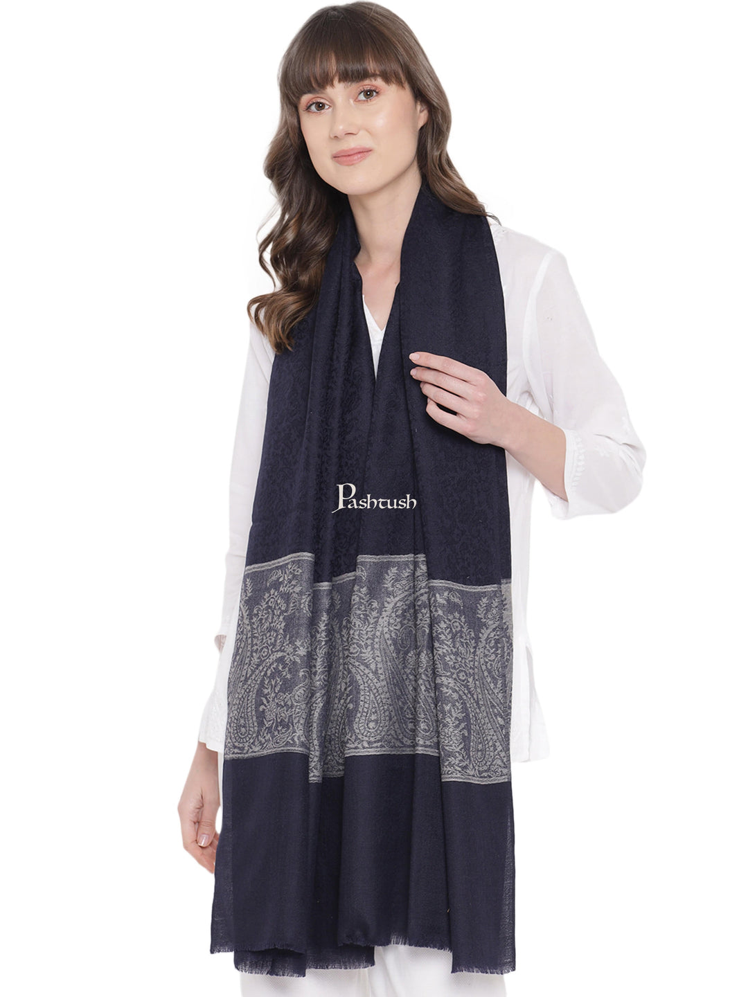 Pashtush India Womens Stoles and Scarves Scarf Pashtush Womens Self Stole, Fine Wool, Paisley Palla Weave, Navy Blue