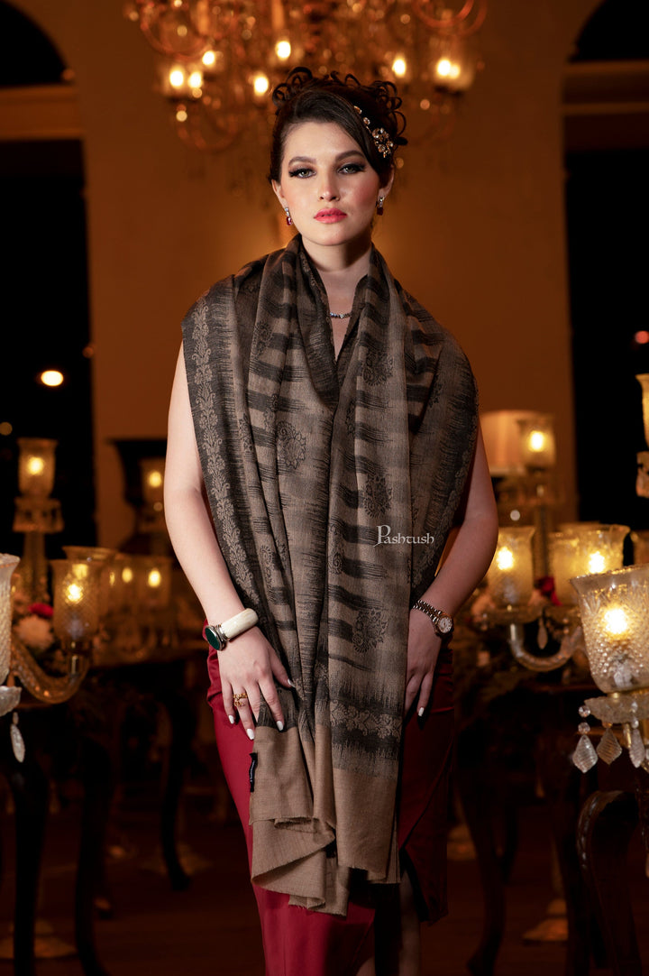 Pashtush India Womens Stoles and Scarves Scarf Pashtush Womens Self Stole, Fine Wool, Paisley Weave, Black and Taupe