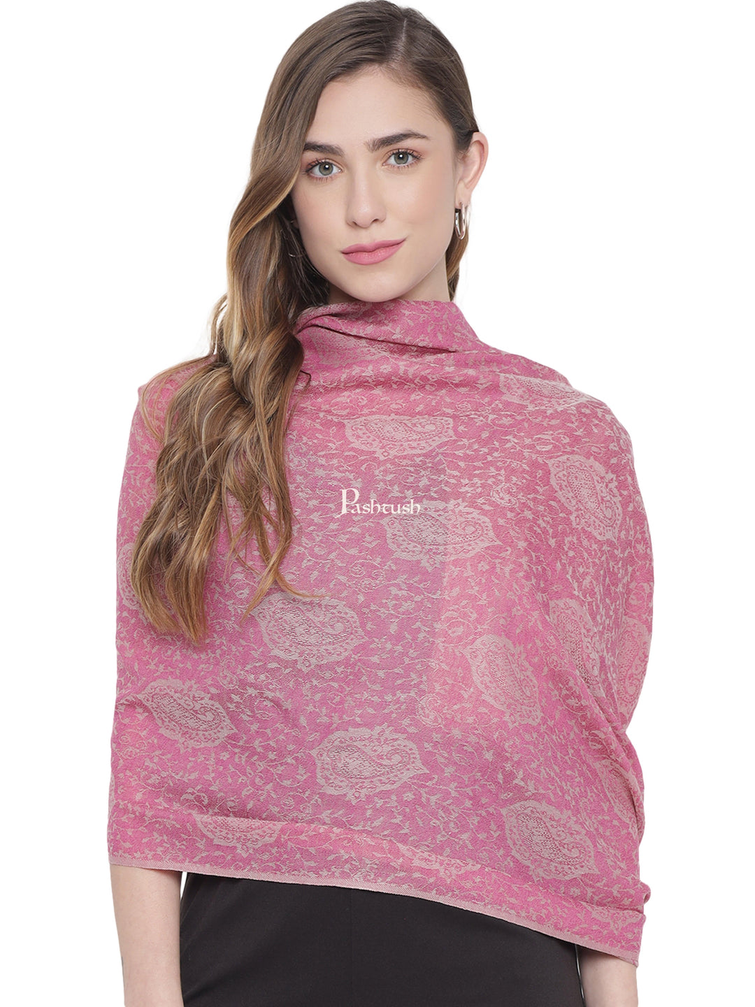 Pashtush India Womens Stoles and Scarves Scarf Pashtush Womens Self Stole, Fine Wool, Paisley Weave, Pink