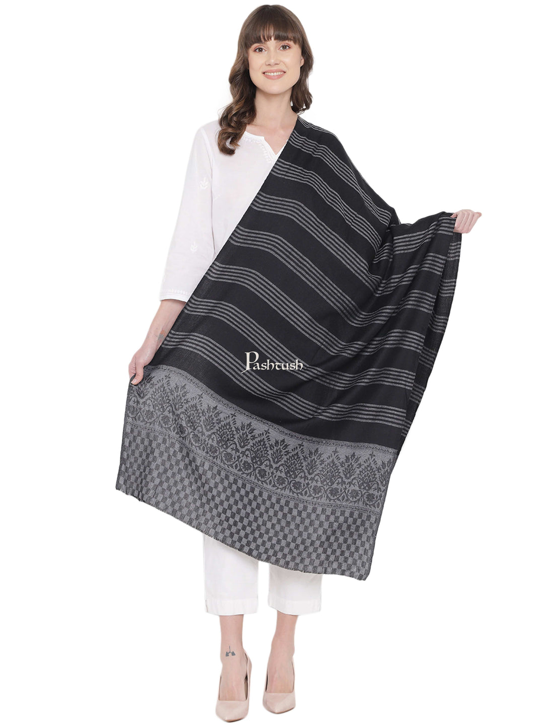 Pashtush India Womens Stoles and Scarves Scarf Pashtush Womens Self Stole, Fine Wool, Striped Weave, Black