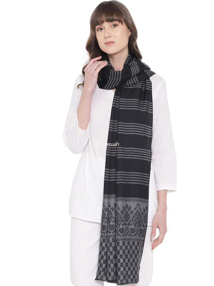 Pashtush India Womens Stoles and Scarves Scarf Pashtush Womens Self Stole, Fine Wool, Striped Weave, Black