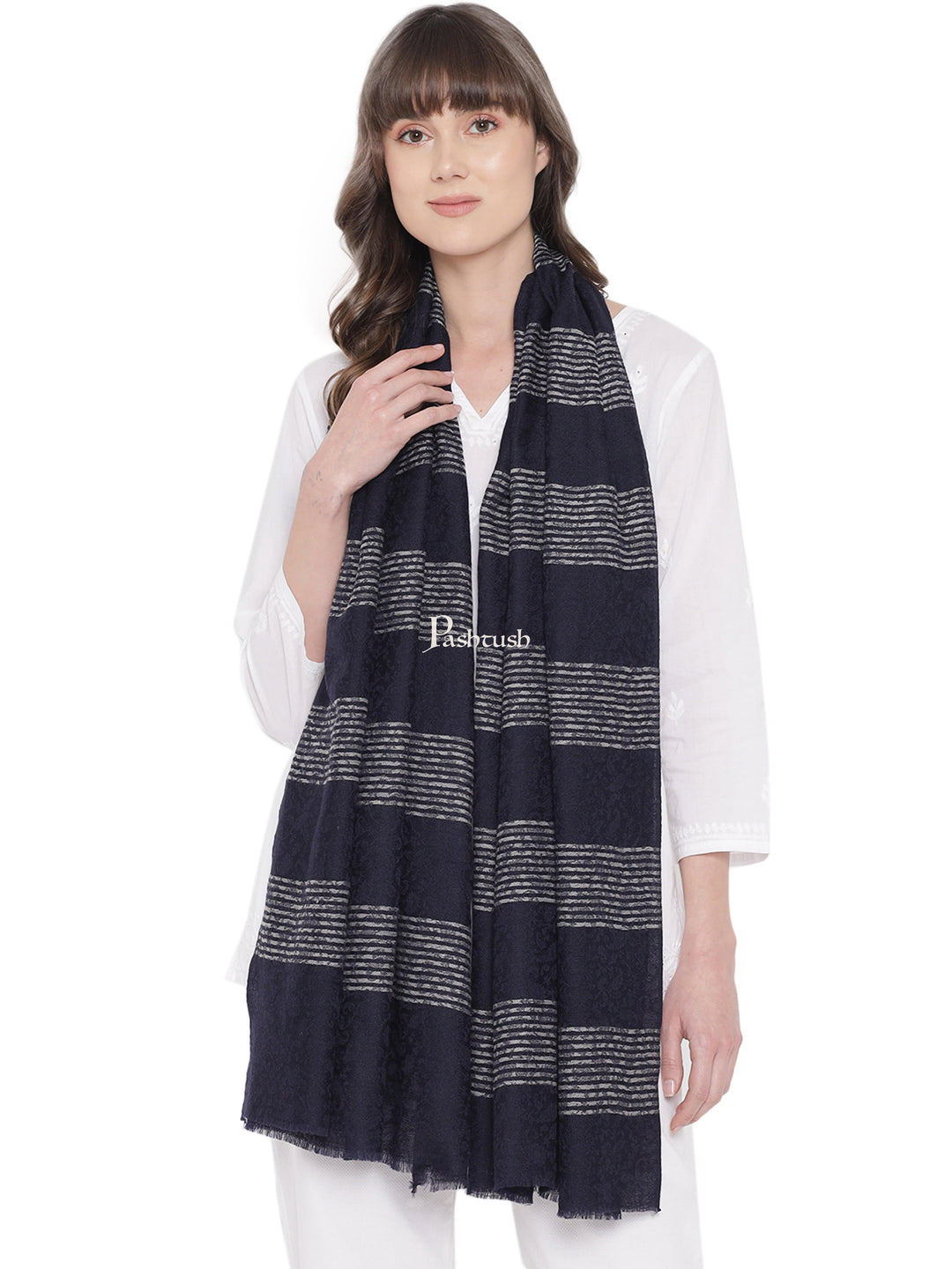 Pashtush India Womens Stoles and Scarves Scarf Pashtush Womens Self Stole, Fine Wool, Striped Weave, Navy Blue