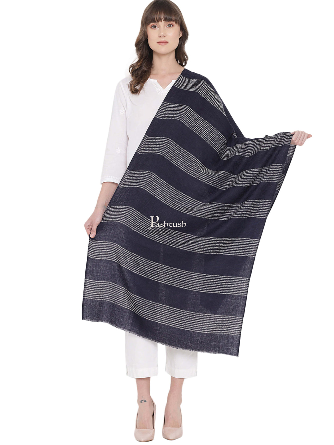 Pashtush India Womens Stoles and Scarves Scarf Pashtush Womens Self Stole, Fine Wool, Striped Weave, Navy Blue