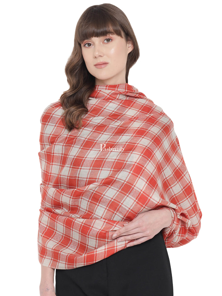 Pashwool Womens Shawls Pashtush Womens Shawl, Checkered Weave, Soft Fine Wool, Beige and orange