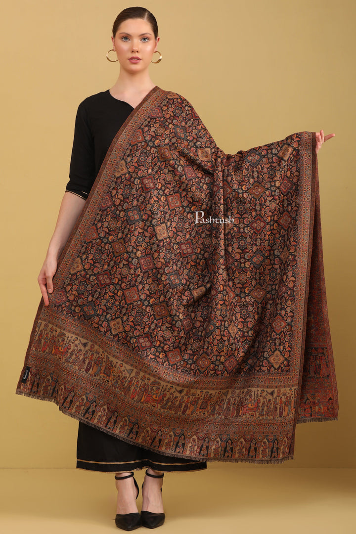 Pashtush India Womens Shawls Pashtush Womens Shawl, Ethnic Weave, Darbar Palla, Black