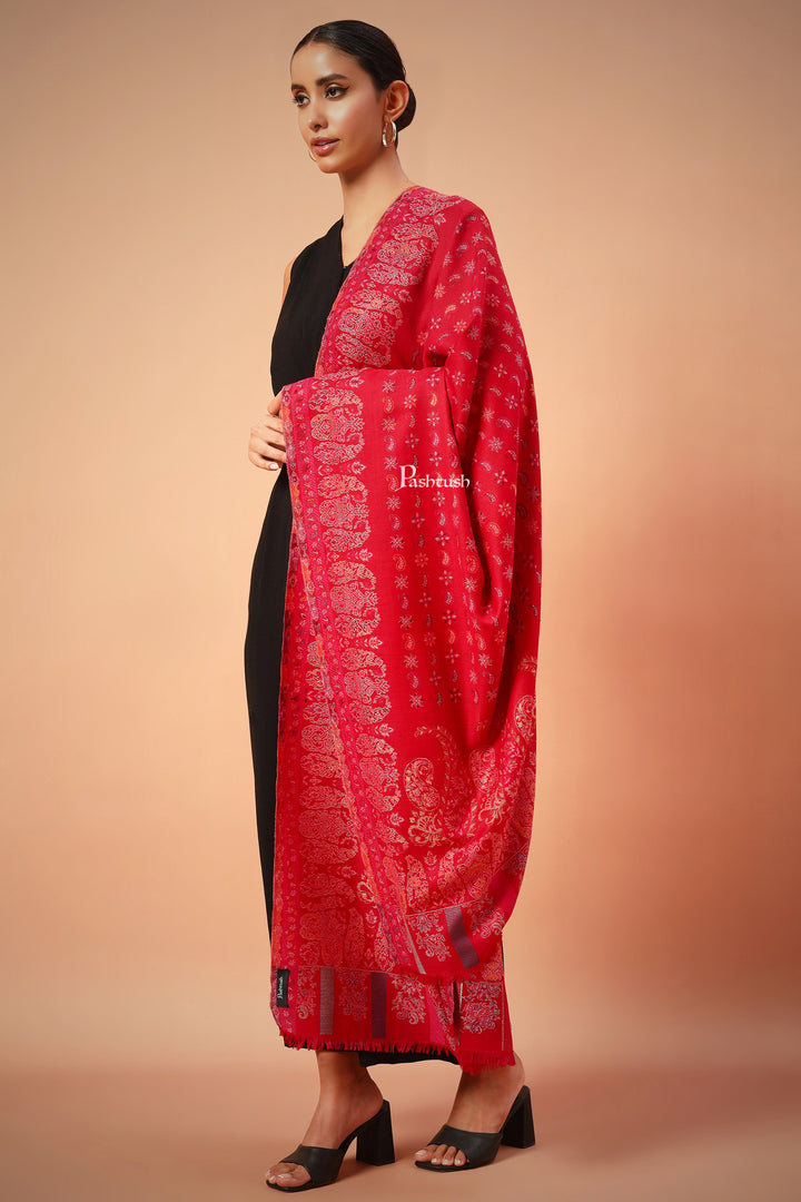 Pashtush India Womens Shawls Pashtush Womens Shawl, Ethnic Weave Paisley Palla, Crimson