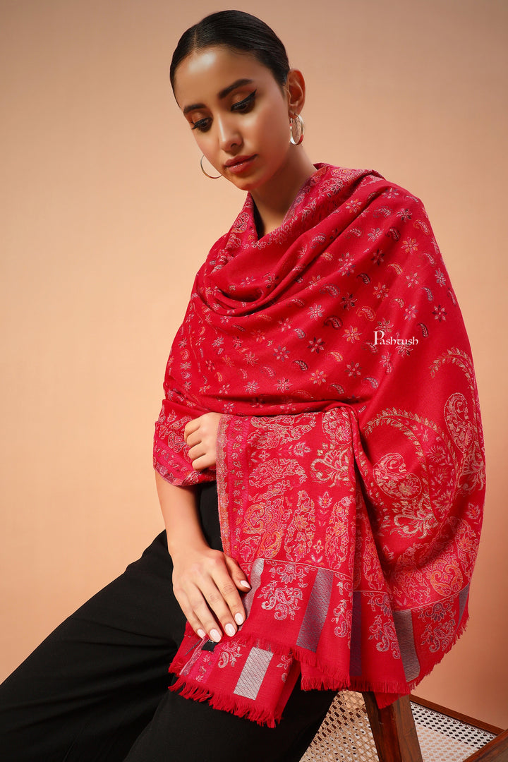 Pashtush India Womens Shawls Pashtush Womens Shawl, Ethnic Weave Paisley Palla, Crimson