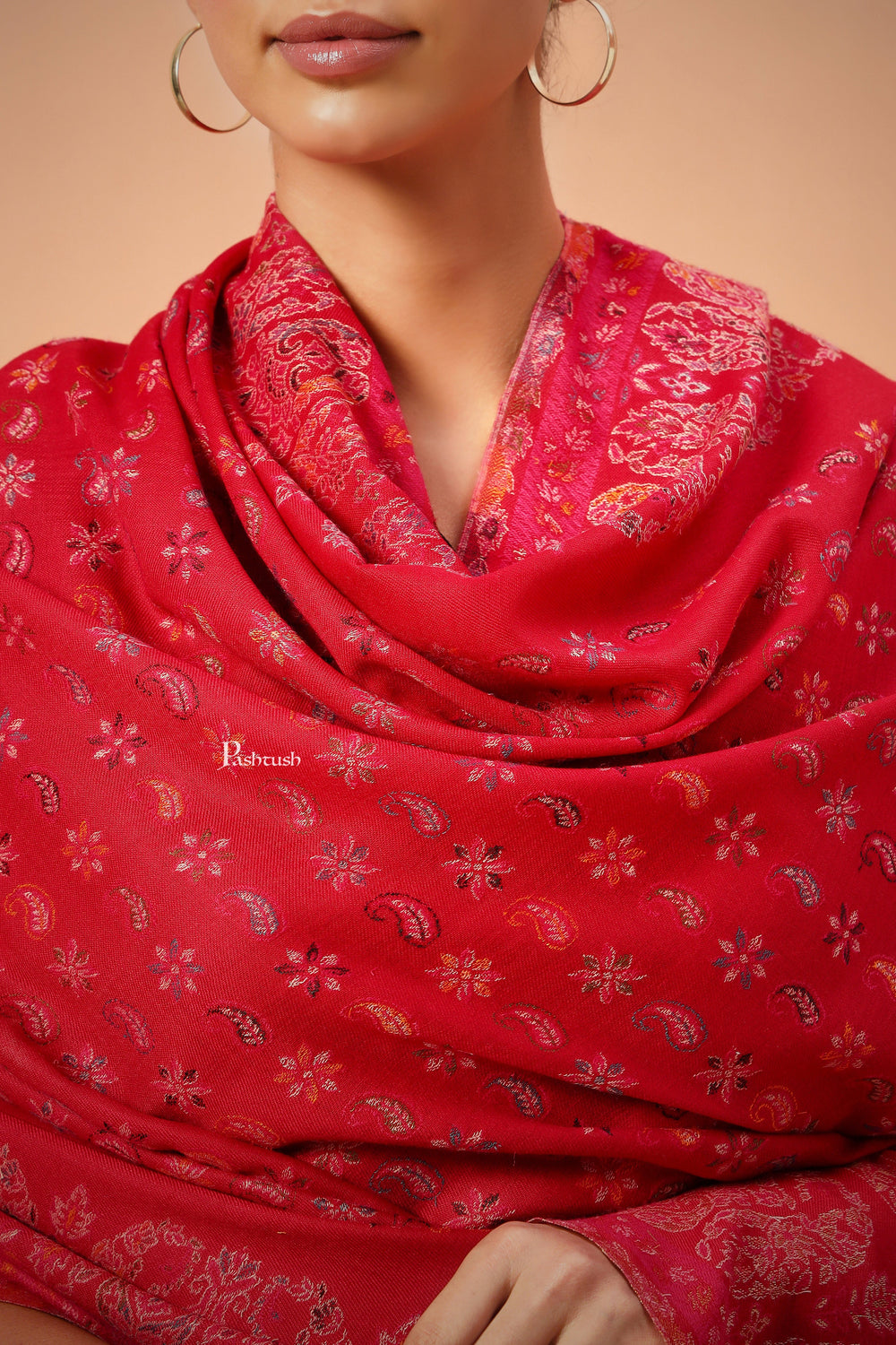 Pashtush India Womens Shawls Pashtush Womens Shawl, Ethnic Weave Paisley Palla, Crimson