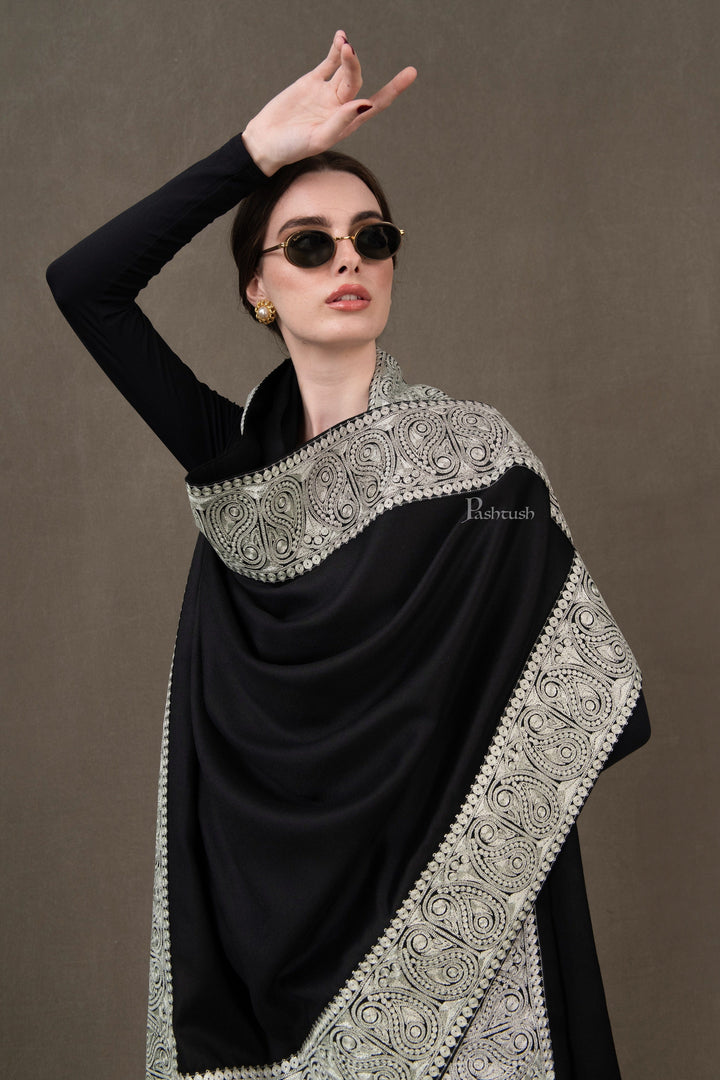 Pashtush India Womens Shawls Pashtush Womens Shawl, Extra Fine Wool, Metallic Tilla Embroidery Border, Design, Black