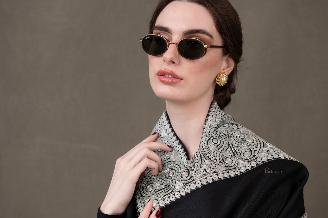 Pashtush India Womens Shawls Pashtush Womens Shawl, Extra Fine Wool, Metallic Tilla Embroidery Border, Design, Black