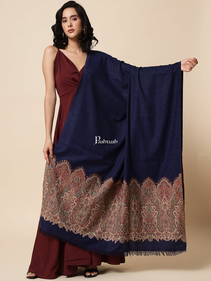 Pashtush India Womens Shawls Pashtush Womens Shawl, Faux Pashmina, Woven Palla Design , Navy Blue