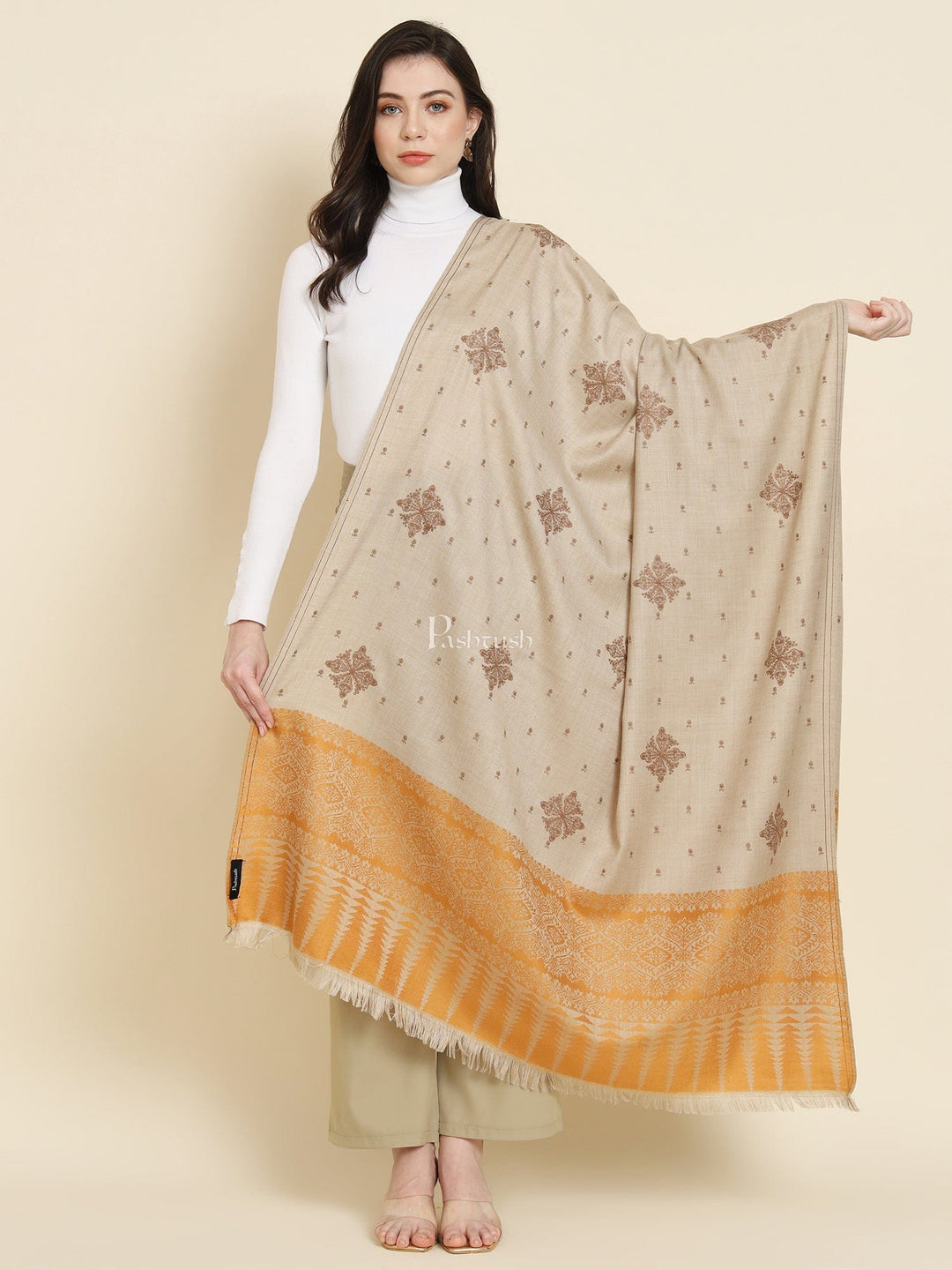 Pashtush India Womens Shawls Pashtush Womens shawl, Fine Wool, Bootey Kashmiri Embroidery, Beige and Mustard