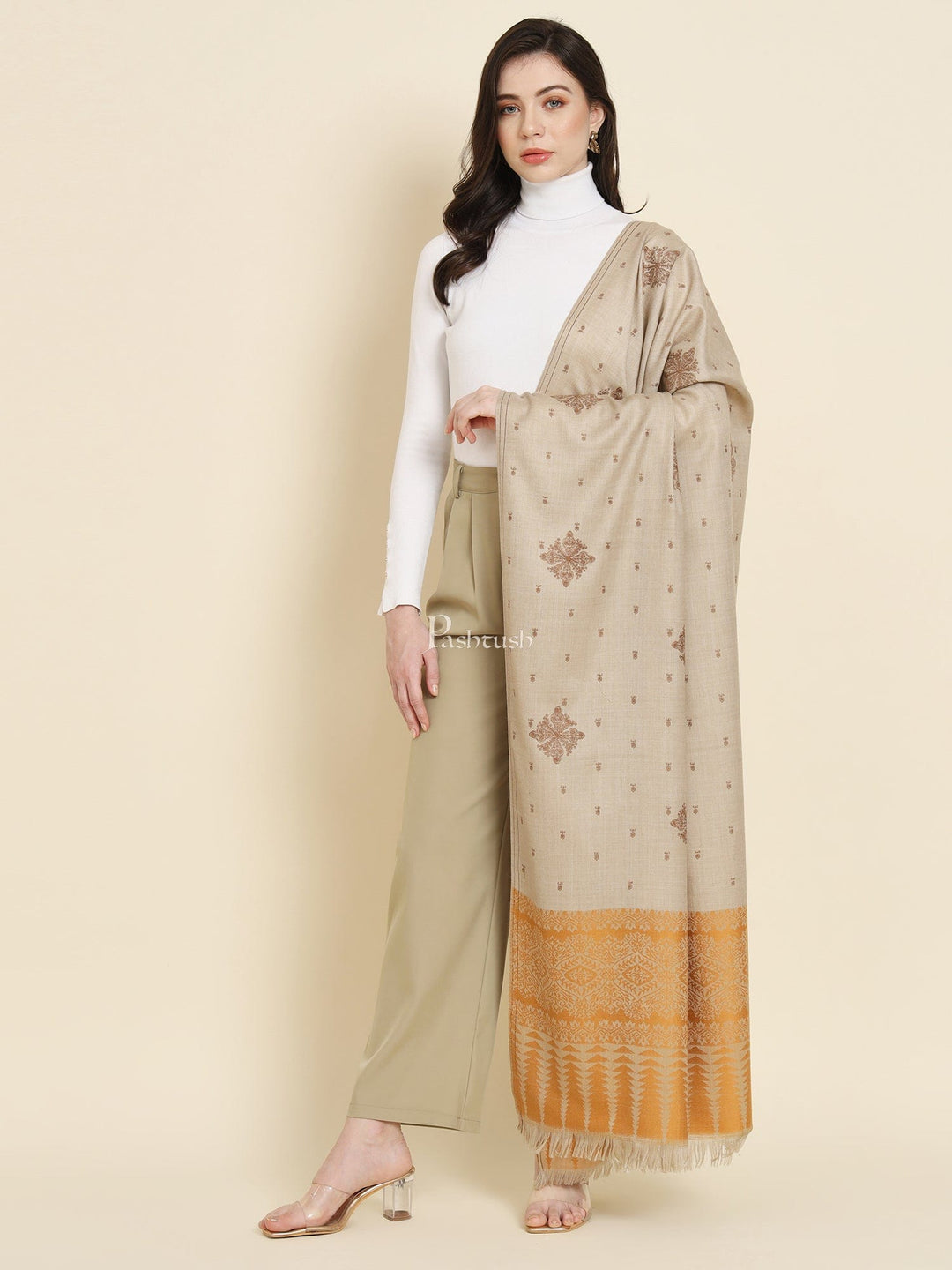 Pashtush India Womens Shawls Pashtush Womens shawl, Fine Wool, Bootey Kashmiri Embroidery, Beige and Mustard