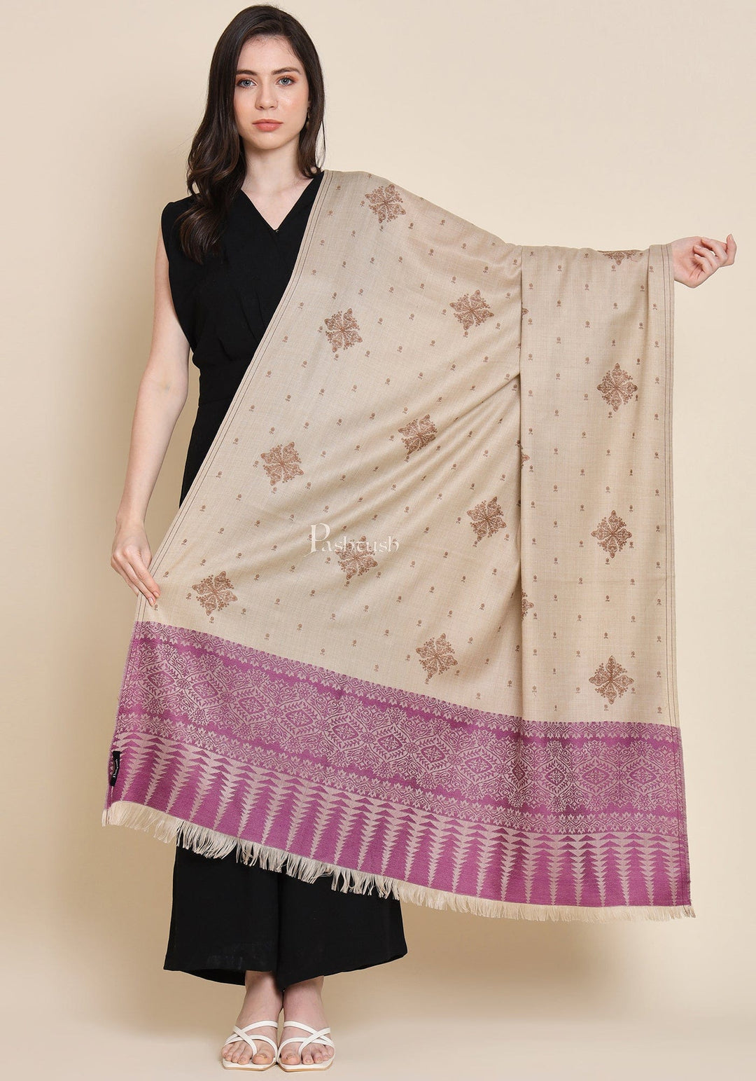 Pashtush India Womens Shawls Pashtush Womens Shawl, Fine Wool, Bootey Kashmiri Embroidery, Beige and Violet