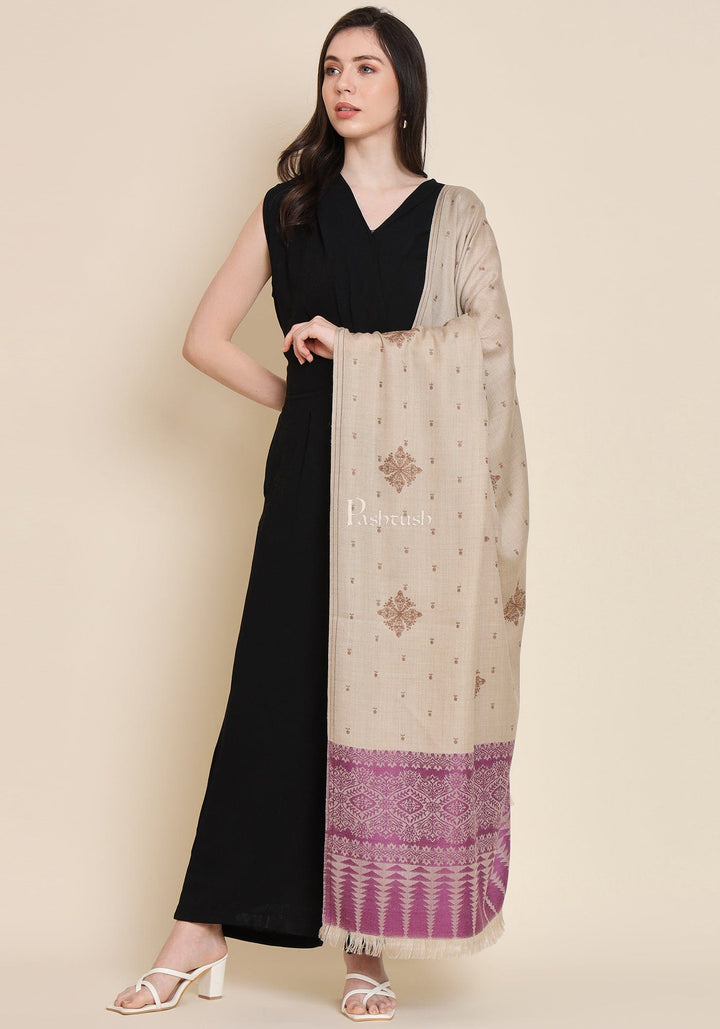 Pashtush India Womens Shawls Pashtush Womens Shawl, Fine Wool, Bootey Kashmiri Embroidery, Beige and Violet