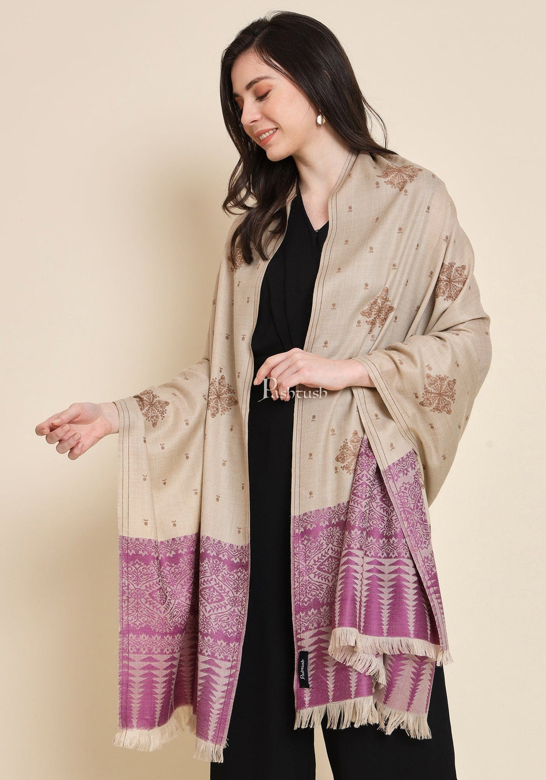 Pashtush India Womens Shawls Pashtush Womens Shawl, Fine Wool, Bootey Kashmiri Embroidery, Beige and Violet