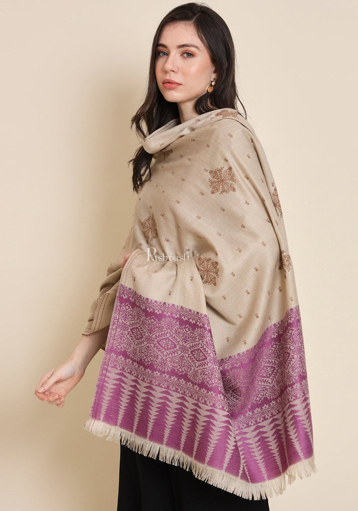 Pashtush India Womens Shawls Pashtush Womens Shawl, Fine Wool, Bootey Kashmiri Embroidery, Beige and Violet