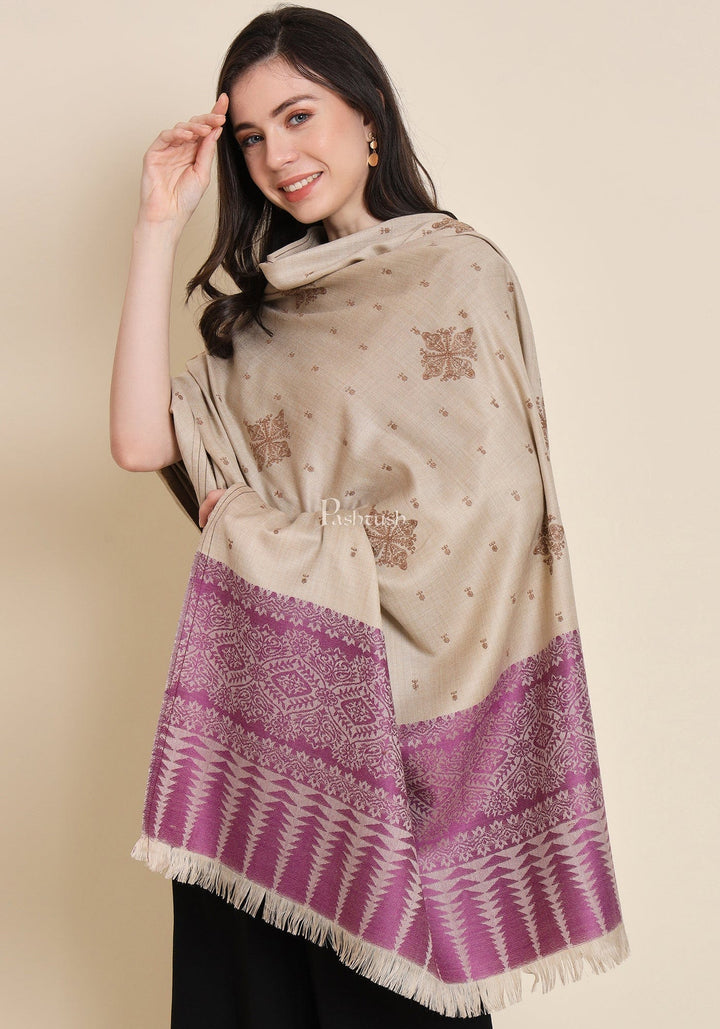 Pashtush India Womens Shawls Pashtush Womens Shawl, Fine Wool, Bootey Kashmiri Embroidery, Beige and Violet