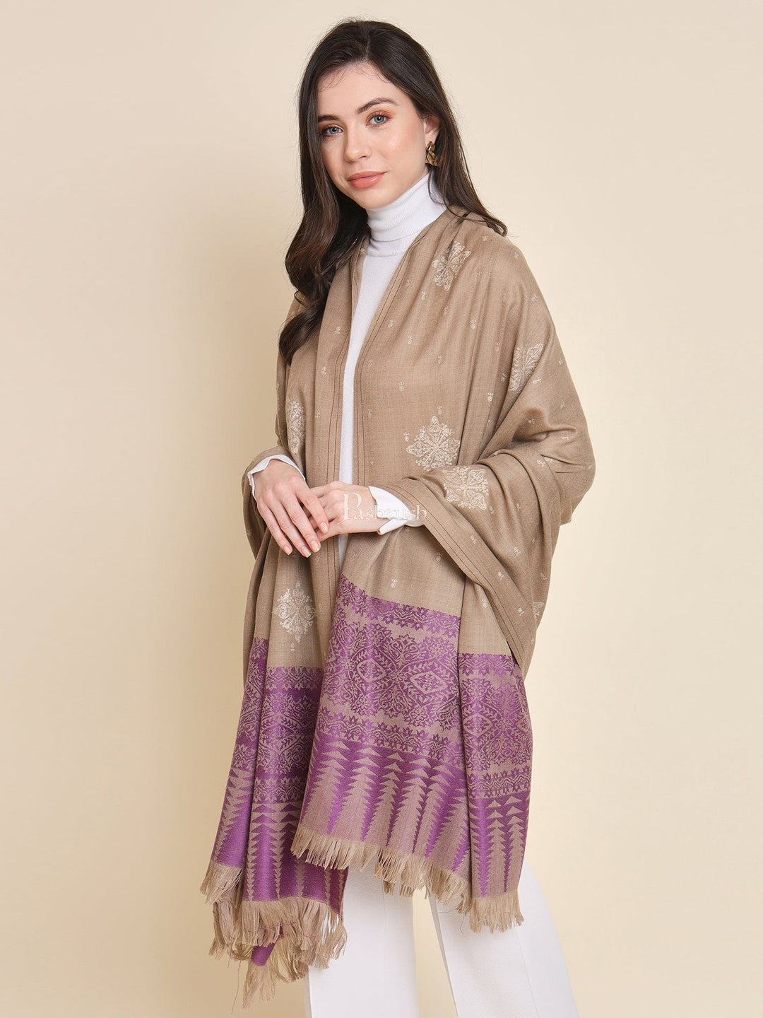Pashtush India Womens Shawls Pashtush Womens shawl, Fine Wool, Bootey Kashmiri Embroidery, Taupe and Purple