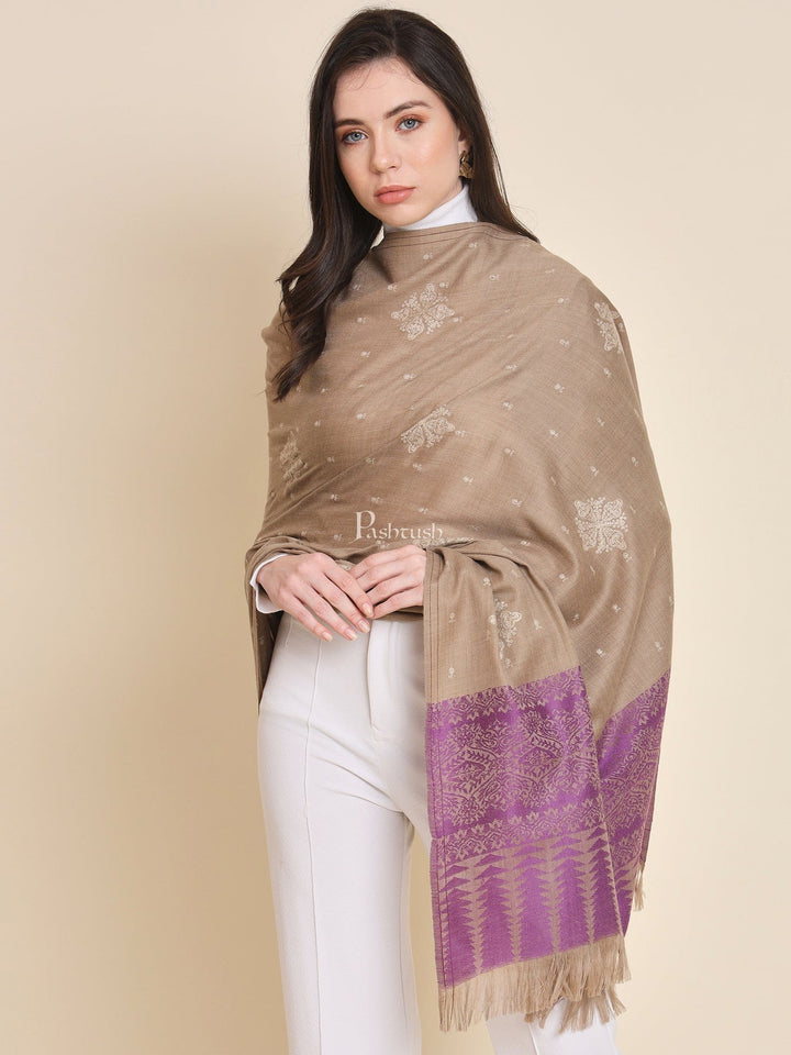 Pashtush India Womens Shawls Pashtush Womens shawl, Fine Wool, Bootey Kashmiri Embroidery, Taupe and Purple